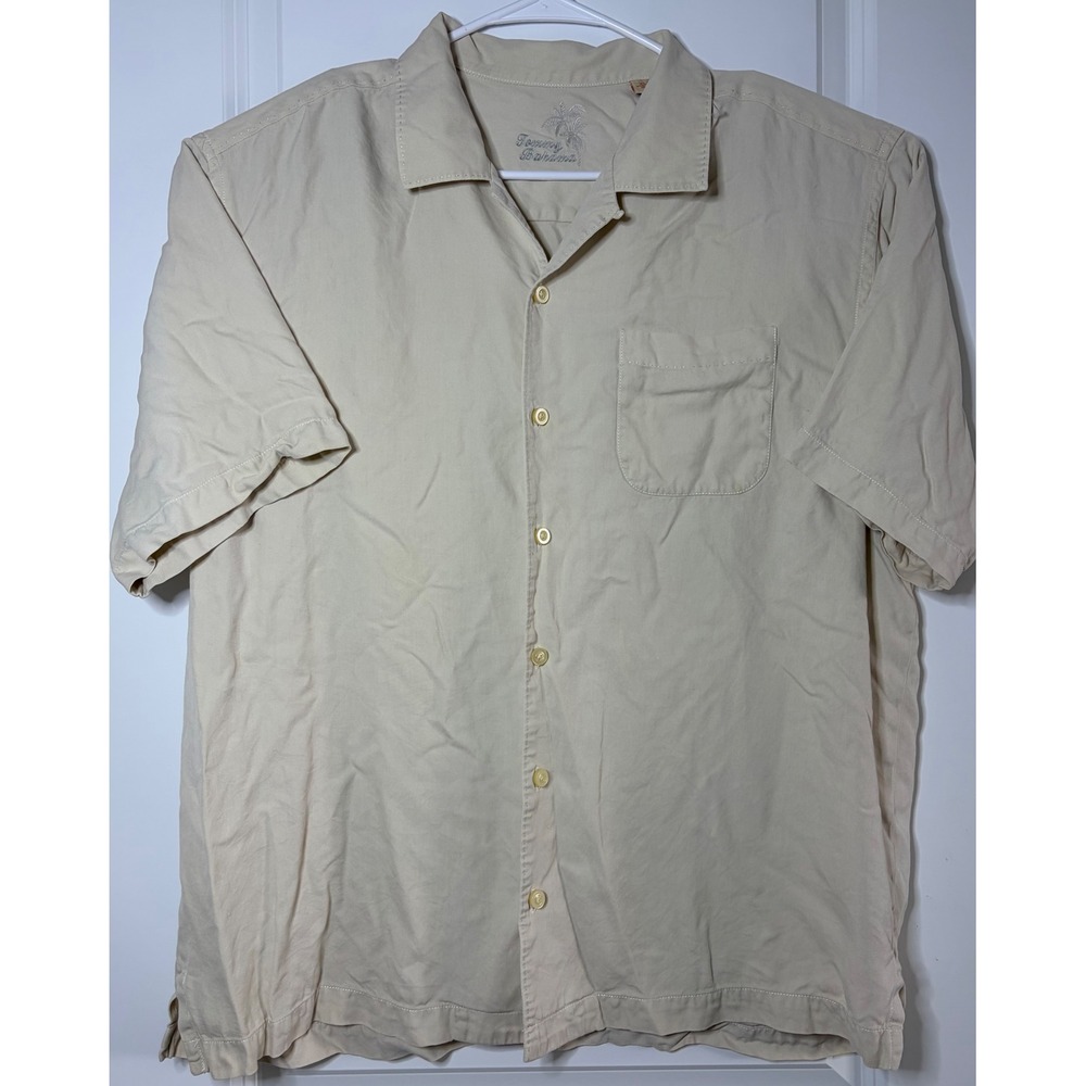 Tommy Bahama Mens XL 100% Silk Short Sleeve Button Down Camp Shirt Beige Sand